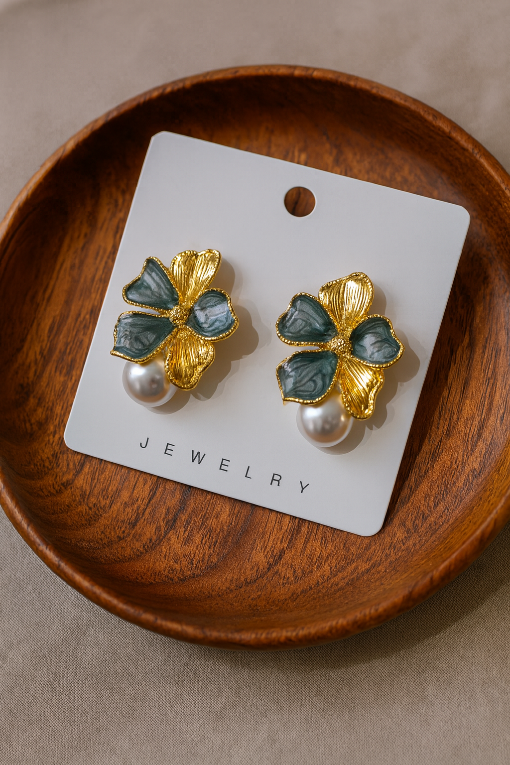 IKEAPK Golden Green Floral Pearl Earrings