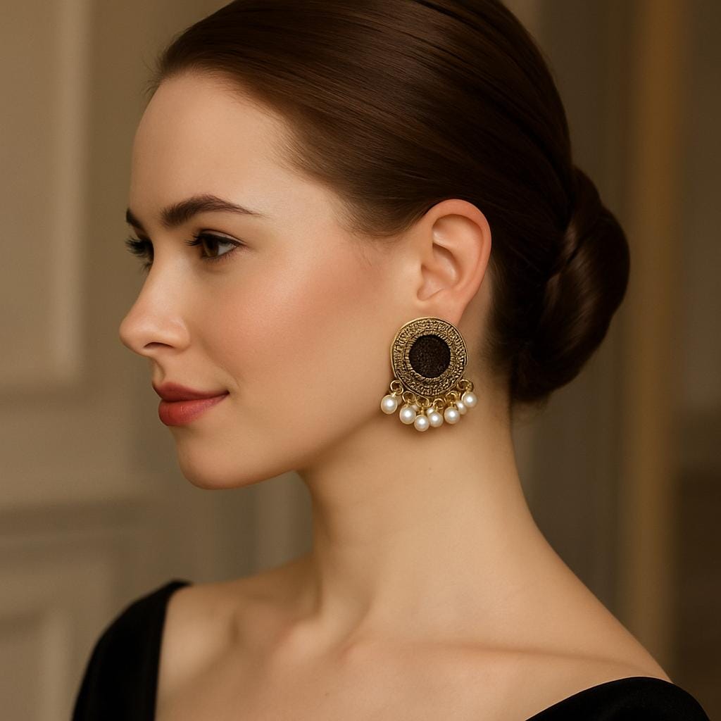 IKEAPK Elegant Black Stone & Pearl Stud Earrings for Women