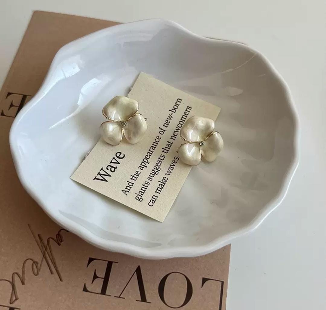 IKEAPK White Flower Stud Earrings – Gold-Plated Petal Design with Crystal Center