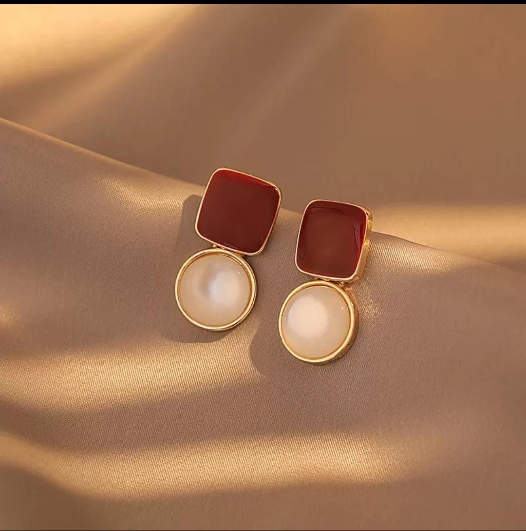 IKEAPK Elegant Red Square & Pearl Drop Earrings for Women