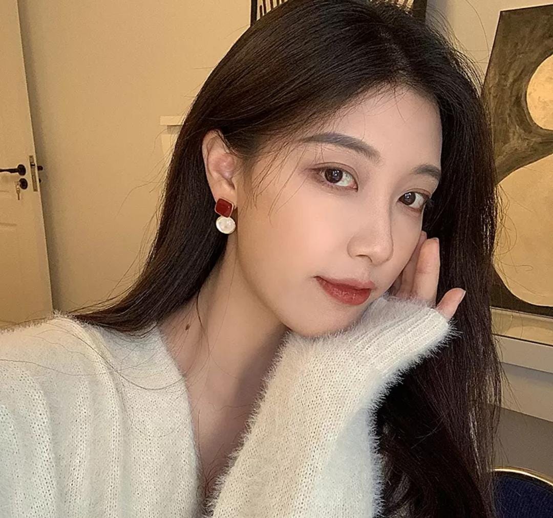 IKEAPK Elegant Red Square & Pearl Drop Earrings for Women