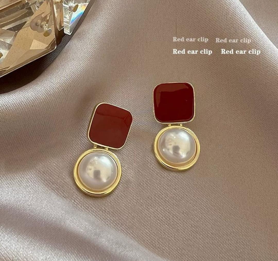 IKEAPK Elegant Red Square & Pearl Drop Earrings for Women